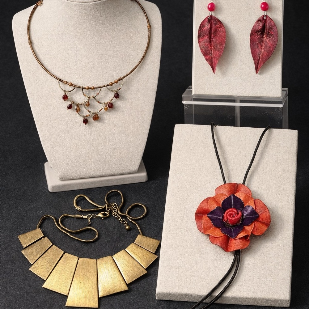 Vintage Jewelry Lot Gold Tone + Handmade Earrings Floral Pendant